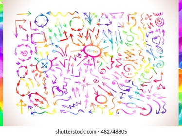 Hand drawn arrow icons set. Set of colorful watercolor arrows isolated on white background.