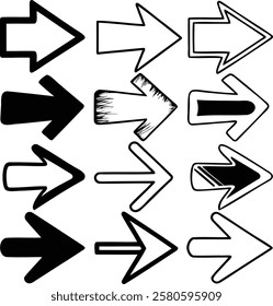 Hand Drawn Arrow Icons in Various Artistic Styles Black and White Vector Illustration for Navigation Choice and Direction Concepts