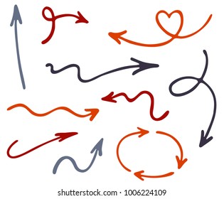 Hand drawn arrow icons vector set. Up and down pen sketch arrows, right and left direction pointers, cycle and way symbols. Scribble infographic elements. Left up down right direction icons.