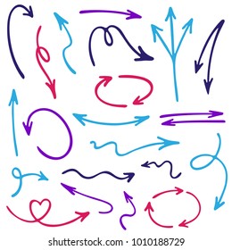 Hand drawn arrow icons vector set. Up and down pen sketch arrows, right and left direction pointers, cycle and way symbols. Scribble vector infographic elements. Way pointers icon set.