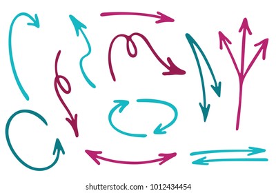 Hand drawn arrow icons vector set. Up and down marker sketch arrows, right and left direction pointers, cycle and way symbols. Doodle infographic elements. Left up down right direction icons.