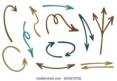Hand drawn arrow icons vector set. Up and down pen sketch arrows, right and left direction pointers, cycle and way symbols. Doodle infographic elements. Way pointers set.
