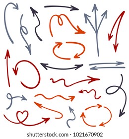 Hand drawn arrow icons vector set. Up and down marker sketch arrows, right and left direction pointers, cycle and way symbols. Doodle infographic elements. Way pointers set.
