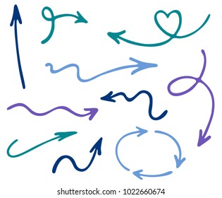 Hand drawn arrow icons vector set. Up and down marker sketch arrows, right and left direction pointers, cycle and way symbols. Scribble vector infographic elements. Way pointers.