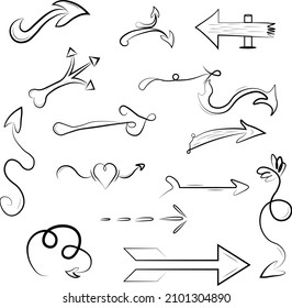 Handgezeichneter Pfeil-Illustrationssatz. Doodle links rechts nach unten Richtung Schilder. Pfeilsymbole für die Skizze der parallelen Stift-Kurve. Geschäftswachstum und Grafikdesign-Vektorgrafik