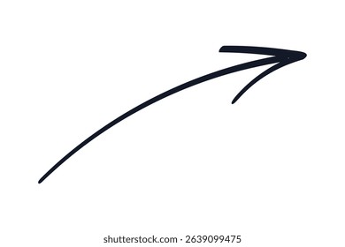 Hand drawn Arrow. Isolated curved black ink written to Right. Outline Direction diagonally. Linear Pointer for Navigation, infographics and instructions. Arrowhead. Simple sketch. Vector illustration