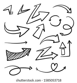 Hand drawn arrow mark icons set. Collection of point signs, Black filigree mark point vector. with hand drawn doodle style isolated background