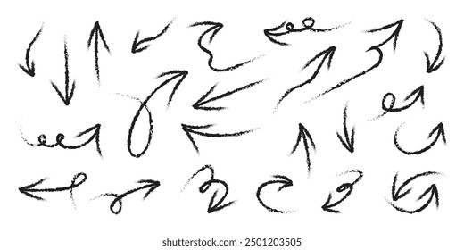 Hand drawn arrow mark icons vector. Scribble doodle underline emphasis line shape set. brush stroke highlight speech bubble cloud sparkle arrow element in childish drawing style.