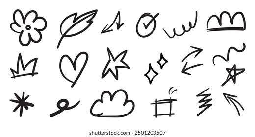 Handgezeichnete Pfeilmarken Icons Vektor. Scribble doodle Unterstreichen Linie Form gesetzt. Pinselstrich markieren Sprache Blase Wolke glitzern Pfeilelement in kindischen Zeichnungsstil.