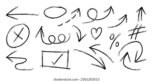 Hand drawn arrow mark icons vector. Scribble doodle underline emphasis line shape set. brush stroke highlight speech bubble cloud sparkle arrow element in childish drawing style.