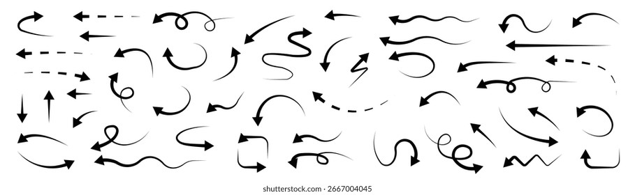 Marca de seta desenhada à mão ícones vetor. Coleção de símbolo de seta curva conjunto ilustração vetorial. sinal de seta