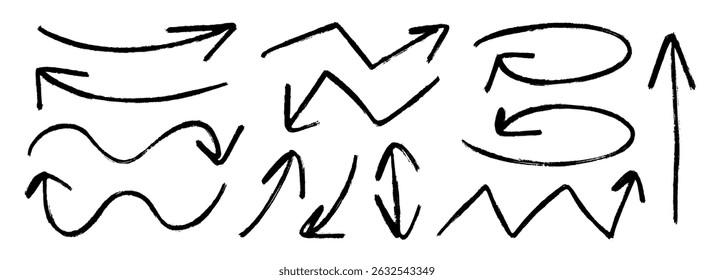 Hand drawn arrow marker collection. Black curve, zig zag and straight doodle arrows set. Vector pastel pencil, chalk or crayon brush stroke elements. Grunge charcoal sketch pointers or direction lines