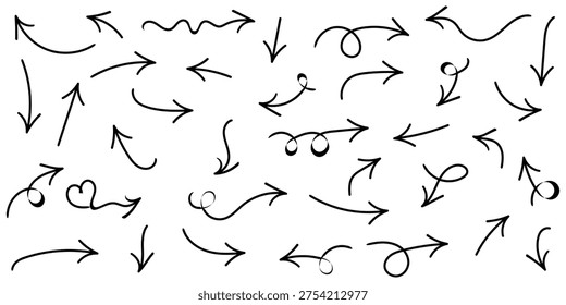 Hand Drawn Arrow Marks Collection with Sketchy Direction Pointers Black and White Vector