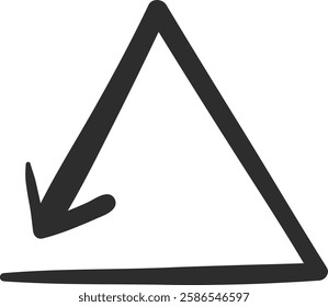 Hand drawn arrow pointing downwards, enclosed within a triangular outline, effectively conveying a sense of direction, decline, and reduction in a minimalistic and abstract design