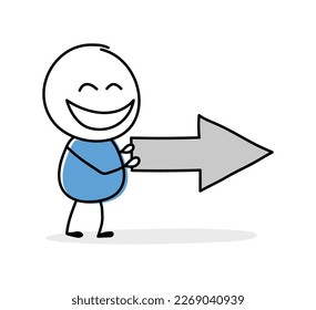 Hand drawn arrow right symbol. Funny concept with a stickman holding icon. Cartoon style design. Vector illustration