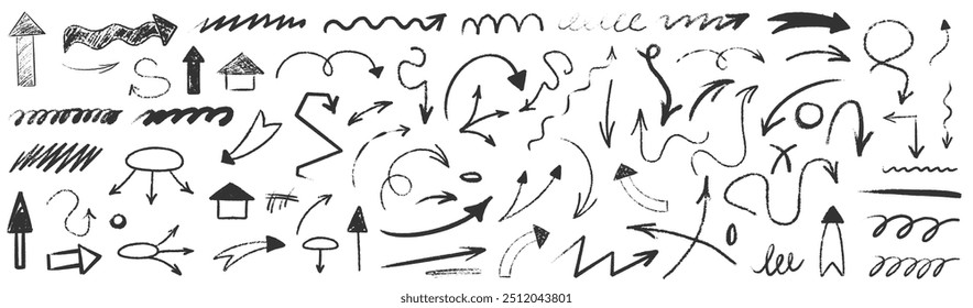 Conjunto de crayón de garabatos de flecha dibujado a mano. Squiggle, raya doodle niño flecha estrella conjunto. Crayón rasguño textura forma niños ingenuos. Ilustración vectorial
