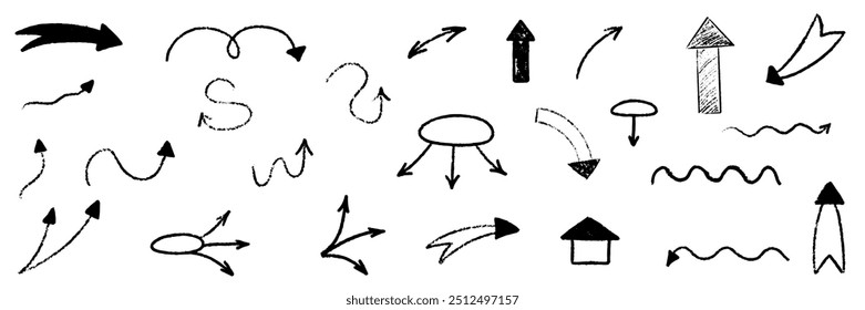 Hand drawn arrow scribble crayon set. Squiggle, scratch doodle kid arrow star set. Crayon scratch texture shape kid naive. Vector illustration