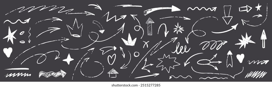 Hand drawn arrow scribble crayon set. Squiggle, scratch doodle kid arrow star set. Crayon scratch texture shape children kid naive. Vector illustration