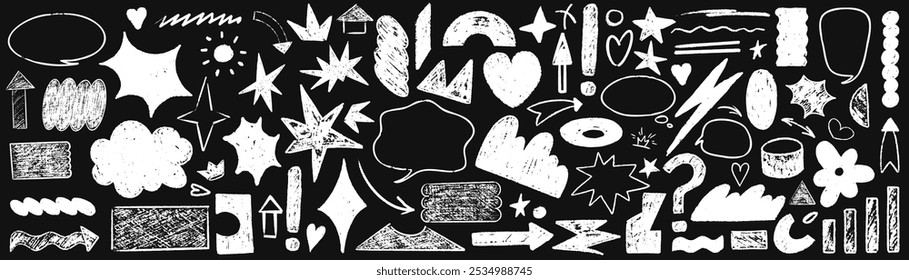 Seta desenhada à mão rabiscar crayon set. Rabiscar, rabiscar raspadinha criança seta conjunto de estrelas. Crayon rascunho textura forma crianças ingênuas. Ilustração vetorial