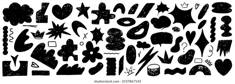 Hand drawn arrow scribble crayon set. Squiggle, scratch doodle kid arrow star set. Crayon scratch texture shape children kid naive. Vector illustration
