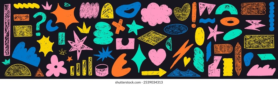 Hand drawn arrow scribble crayon set. Squiggle, scratch doodle kid arrow star set. Crayon scratch texture shape children kid naive. Vector illustration