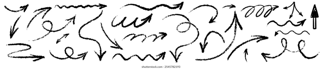Lápis de cera desenhado à mão. Rabiscar, riscar seta de criança doodle isolado. Crayon rascunho textura forma crianças ingênuas. Ilustração vetorial