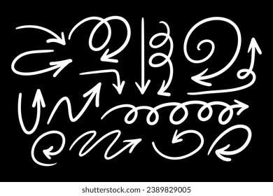 hand drawn arrow set. arrows vector icons set. Hand drawn freehand different curved lines, swirls arrows. Doodle marker drawing, black chalk smears. Direction pointers. Scribbles and scrawls.