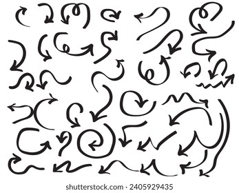 Conjunto de flecha dibujada a mano. Iconos Set de flechas dibujadas a mano. Icono de flecha con varias direcciones. Ilustración del vector Doodle. Flechas vectoriales aisladas sobre fondo blanco.  Ilustración vectorial.