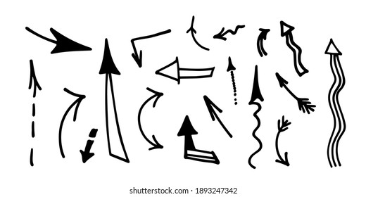 Hand drawn arrow set. Set of black direction sketch symbols. Graphic design elements.