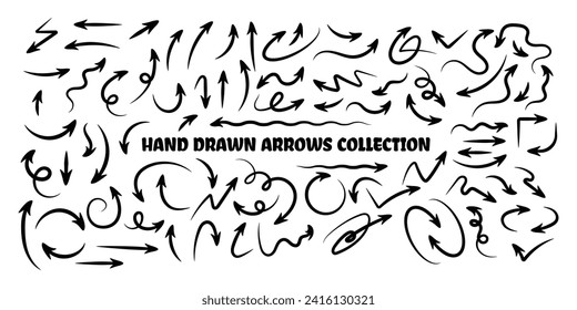 Hand drawn arrow set, Black Curvy arrows collection doodle sketch vector illustration