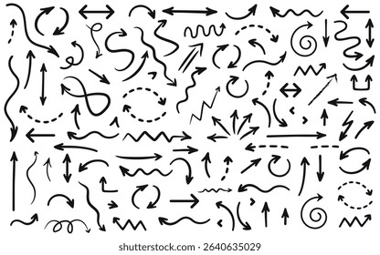 Hand drawn arrow set black white artistic arrow collection arrow vector elements brush stroke curly arrows graphic design