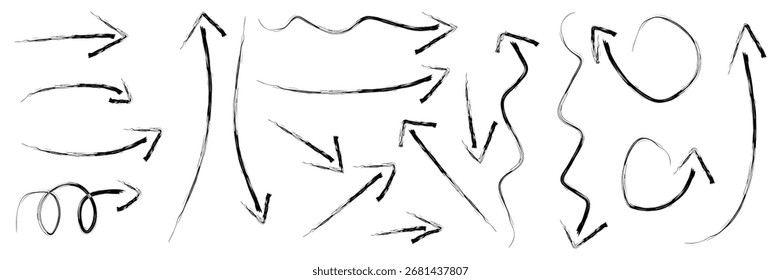 Conjunto de flechas dibujadas a mano. Textura de crayón: punteros curvos y rectos, espirales y direccionales para navegación o diseño infográfico. Ilustración vectorial.