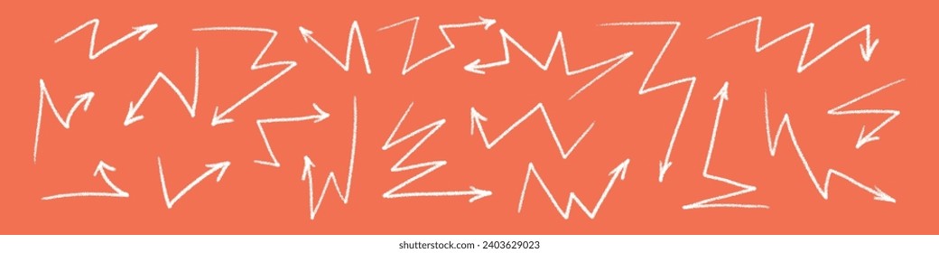 Hand drawn arrow set chalk, brush, and pencil scribbles. Crayon marks, swirl elements with handwritten texture. Flat vector illustration isolated on white background.