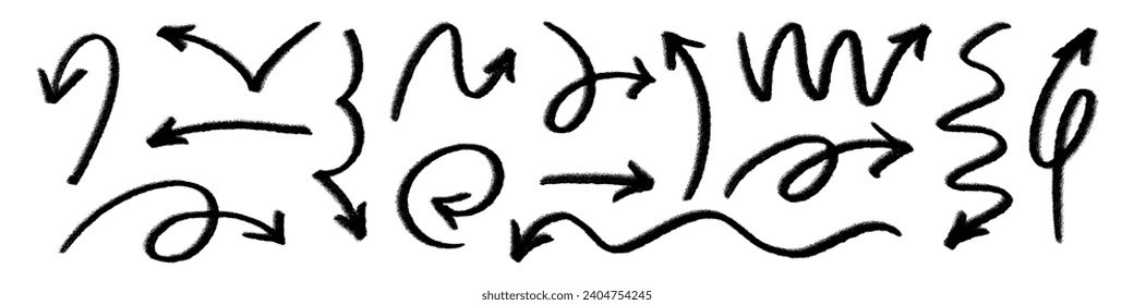 Tiza, pincel y garabatos de lápiz de conjunto de flecha dibujada a mano. Marcas de crayón, elementos giratorios con textura manuscrita. Ilustración vectorial plana aislada en fondo blanco.