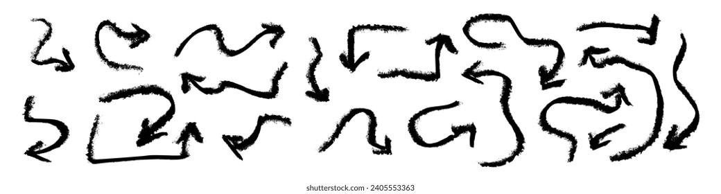 Tiza, pincel y garabatos de lápiz de conjunto de flecha dibujada a mano. Marcas de crayón, elementos giratorios con textura manuscrita. Ilustración vectorial plana aislada en fondo blanco.
