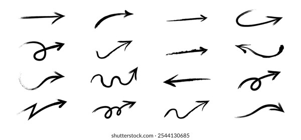 Hand drawn arrow set. Charcoal arrows, freehand, different, curved, swirls arrow, black chalk smears, check mark collection. Bold brush stroke with scratches. Transparent png, and vector illustration