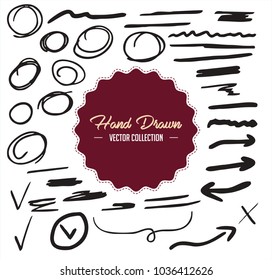 Hand drawn arrow set, circle elements. Business doodle. Hand drawn sketch. Signs isolated on white background. Vector illustration.