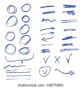 Hand drawn arrow set, circle elements. Business doodle. Hand drawn sketch. Signs isolated on white background. Vector illustration.