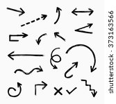 Hand drawn arrow set, collection of black direction pencil sketch symbols, vector illustration graphic design elements