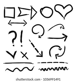 Hand drawn arrow set, collection of black direction pencil sketch symbols, vector illustration graphic design elements.Isolated vector hand drawn arrows set on a white background.