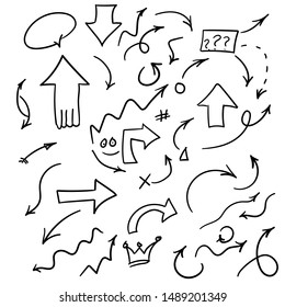 Hand drawn arrow set, collection of black direction pencil sketch symbols, vector illustration graphic design elements