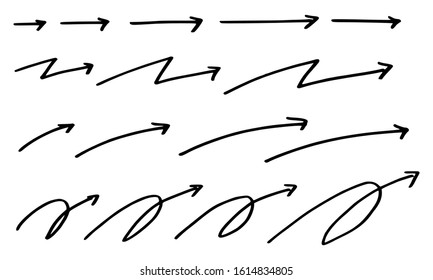 Hand drawn arrow set, collection of black direction pencil sketch symbols