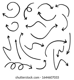 Hand drawn arrow set, collection of black direction pencil sketch symbols