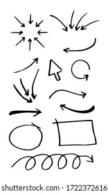 Hand drawn arrow set, collection of black direction pencil sketch symbols