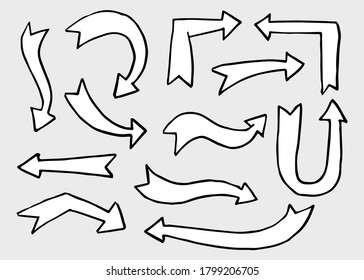 Hand drawn arrow set, collection of black direction pencil sketch symbols