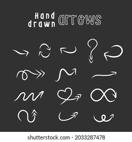 Hand drawn arrow set, collection of pencil sketch symbols, vector illustration graphic design elements. Stock Vector illustration isolated on black background.