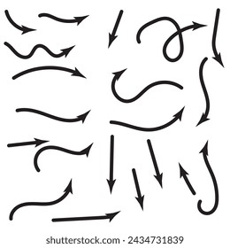 Hand drawn arrow set, collection of black direction pencil sketch symbols, vector illustration graphic design elements