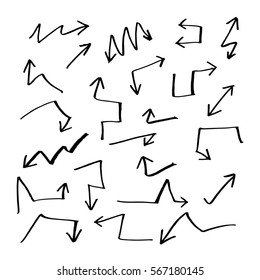 Hand drawn arrow set collection of black direction pencil sketch symbols, vector illustration graphic design