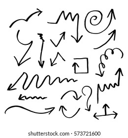 Hand drawn arrow set collection of black direction pencil sketch symbols, vector illustration graphic design