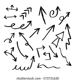 Hand drawn arrow set collection of black direction pencil sketch symbols, vector illustration graphic design